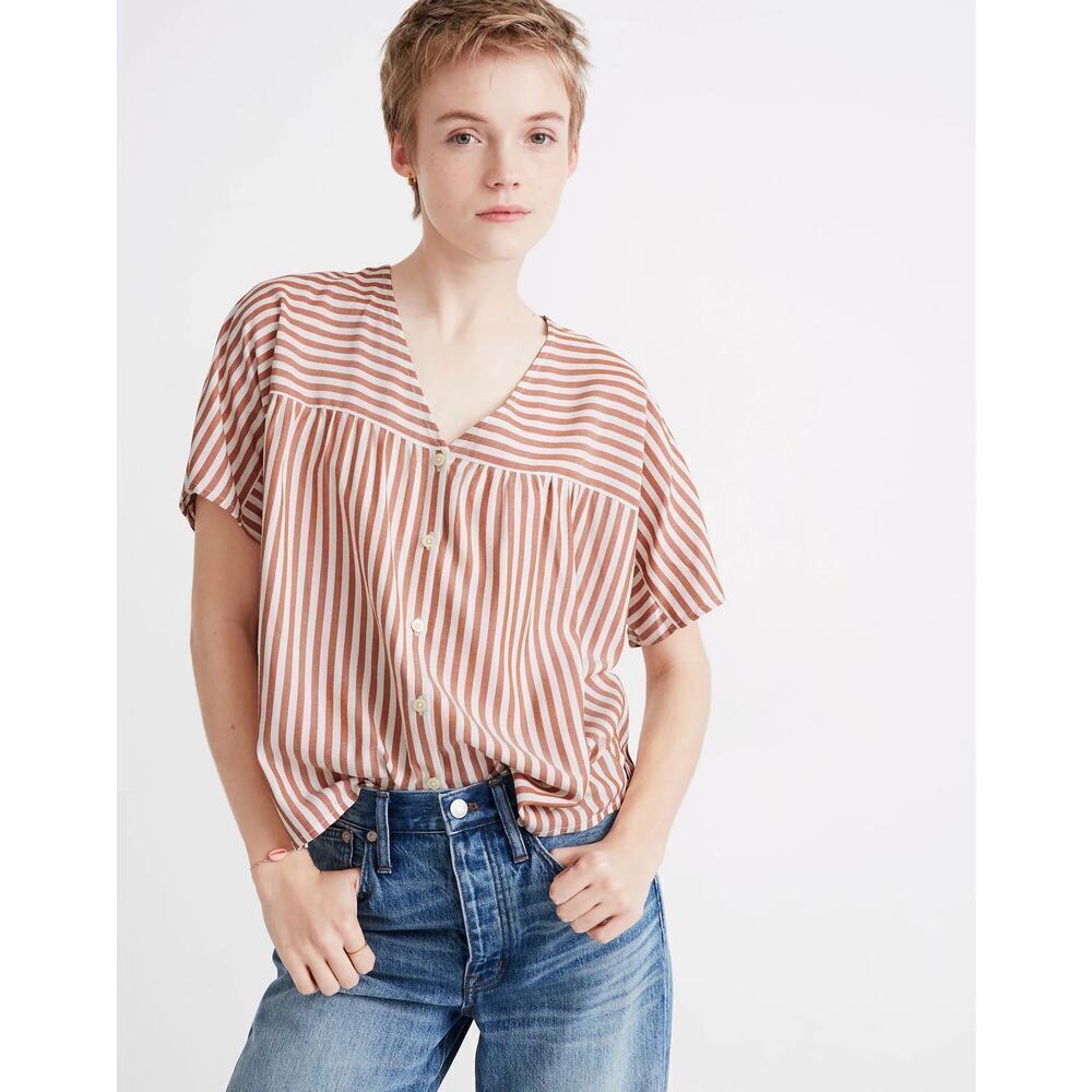 Madewell Rhyme Button Front top in stripe v neck medium short sleeve NWT